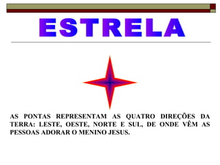 AS PONTAS REPRESENTAM AS QUATRO DIREÇÕES DA
TERRA: LESTE, OESTE, NORTE E SUL, DE ONDE VÊM AS
PESSOAS ADORAR O MENINO JESUS.
 