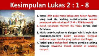 Kesimpulan Lukas 2 : 1 - 8
1. Yesus lahir pada masa kekuasaan Kaisar Agustus
yang saat itu sedang melaksanakan sensus
penduduk seluruh dunia? (7 M = 579 Romawi)
2. Yusuf, tunangan Maryam Ibu Yesus berasal dari
Betlehem.
3. Maria membungkusnya dengan kain lampin dan
membaringkannya dalam palungan (tempat
makanan sapi, domba yang terbuat dari kayu)
4. Terjadi pada malam hari dimana gembala sedang
menjaga kawanan ternak mereka di padang
rumput.
 