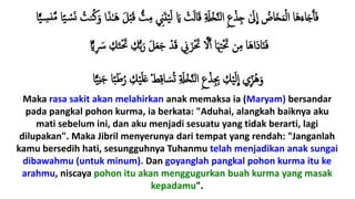 َ‫ت‬ْ‫ي‬َ‫ل‬ َ‫َي‬ ْ‫ت‬َ‫ل‬‫ا‬َ‫ق‬ ِ َ‫َْل‬‫خ‬َّ ‫ل‬‫إ‬ ِ‫ع‬ْ‫ذ‬ِ‫ج‬ َ‫َل‬
ِ
‫إ‬ ُ‫اض‬َ‫خ‬َ‫م‬ْ‫ل‬‫إ‬ ‫ا‬َ‫ه‬َ‫اء‬َ‫ج‬َ‫أ‬َ‫ف‬َّ‫م‬ ‫ا‬ً‫ي‬ ْ‫س‬ََ ُ‫ت‬ ُ‫ك‬َ‫و‬ ‫إ‬َ‫ذ‬ََ‫ه‬ َ‫ل‬َْْ‫ق‬ ‫تل‬ِ‫م‬ ِ‫يِن‬‫ا‬ًّ‫ي‬ ِ‫س‬
‫ل‬‫ب‬َ‫ر‬ َ‫ل‬َ‫ع‬َ‫ج‬ ْ‫د‬َ‫ق‬ ِ‫ِن‬ َ‫ز‬َْ‫َت‬ َّ‫َل‬ََ ‫ا‬َ ِ‫ِت‬َْ‫َت‬ ‫ن‬ِ‫م‬ ‫ا‬َ‫ه‬‫َإ‬‫د‬‫ا‬َ‫ن‬َ‫ف‬ًّ‫َي‬ِ َ‫ِر‬ ََِ‫ك‬َْ‫َت‬ َِ
‫ا‬ًّ‫ي‬ِ‫ن‬َ‫ج‬ ‫ا‬ً‫ب‬َ‫ط‬ُ‫ر‬ َِْ‫ي‬َ‫ل‬َ‫ع‬ ْ‫ط‬ِ‫ق‬‫ا‬ َ‫س‬ُ‫ت‬ ِ َ‫َْل‬‫خ‬َّ ‫ل‬‫إ‬ ِ‫ع‬ْ‫ذ‬ِ ِ‫ِب‬ َِْ‫ي‬َ‫ل‬
ِ
‫إ‬ ‫ي‬ِِّ‫ز‬ُ‫ه‬َ‫و‬
Maka rasa sakit akan melahirkan anak memaksa ia (Maryam) bersandar
pada pangkal pohon kurma, ia berkata: "Aduhai, alangkah baiknya aku
mati sebelum ini, dan aku menjadi sesuatu yang tidak berarti, lagi
dilupakan". Maka Jibril menyerunya dari tempat yang rendah: "Janganlah
kamu bersedih hati, sesungguhnya Tuhanmu telah menjadikan anak sungai
dibawahmu (untuk minum). Dan goyanglah pangkal pohon kurma itu ke
arahmu, niscaya pohon itu akan menggugurkan buah kurma yang masak
kepadamu".
 