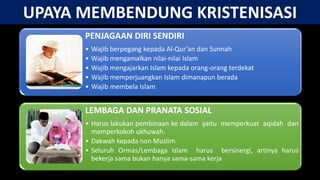 UPAYA MEMBENDUNG KRISTENISASI
PENJAGAAN DIRI SENDIRI
• Wajib berpegang kepada Al-Qur’an dan Sunnah
• Wajib mengamalkan nilai-nilai Islam
• Wajib mengajarkan Islam kepada orang-orang terdekat
• Wajib memperjuangkan Islam dimanapun berada
• Wajib membela Islam
LEMBAGA DAN PRANATA SOSIAL
• Harus lakukan pembinaan ke dalam yaitu memperkuat aqidah dan
memperkokoh ukhuwah.
• Dakwah kepada non Muslim
• Seluruh Ormas/Lembaga Islam harus bersinergi, artinya harus
bekerja sama bukan hanya sama-sama kerja
 