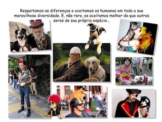 Respeitamos as diferenças e aceitamos os humanos em toda a sua maravilhosa diversidade. E, não raro, os aceitamos melhor do que outros seres de sua própria espécie... 