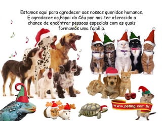 Estamos aqui para agradecer aos nossos queridos humanos. E agradecer ao Papai do Céu por nos ter oferecido a chance de encontrar pessoas especiais com as quais formamos uma família. 
