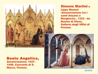 Simone Martini e 
Lippo Memmi 
-Annunciazione tra i 
santi Ansano e 
Margherita , 1333 - da 
Duomo di Siena, 
Galleria degli Uffizi di 
Firenze. 
Beato Angelico, 
Annunciazione, 1437- 
1446, Convento di S. 
Marco, Firenze. 
 