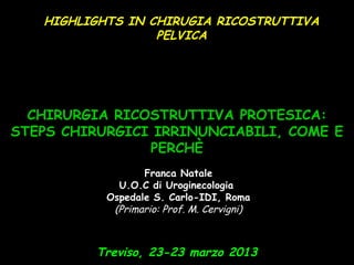 HIGHLIGHTS IN CHIRUGIA RICOSTRUTTIVA
PELVICA
Franca NataleFranca Natale
U.O.C di UroginecologiaU.O.C di Uroginecologia
Ospedale S. Carlo-IDI, RomaOspedale S. Carlo-IDI, Roma
(Primario: Prof. M. Cervigni)(Primario: Prof. M. Cervigni)
Treviso, 23-23 marzo 2013
CHIRURGIA RICOSTRUTTIVA PROTESICA:CHIRURGIA RICOSTRUTTIVA PROTESICA:
STEPS CHIRURGICI IRRINUNCIABILI, COME ESTEPS CHIRURGICI IRRINUNCIABILI, COME E
PERCHÈPERCHÈ
 