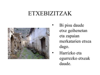 ETXEBIZITZAK Bi pisu daude etxe geihenetan eta zapaian merkatarien etxea dago. Harrizko eta egurrezko etxeak daude. 