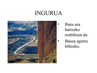 INGURUA Ibaia ura hartzeko erabiltzen da.  Basoa egurra biltzeko. 