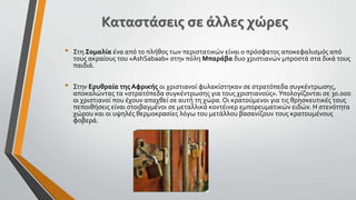 Καταστάσεις σε άλλες χώρες
• Στη Σομαλία ένα από το πλήθος των περιστατικών είναι ο πρόσφατος αποκεφαλισμός από
τους ακραίους του «AshSabaab» στην πόλη Μπαράβα δυο χριστιανών μπροστά στα δικά τους
παιδιά.
• Στην Ερυθραία της Αφρικής οι χριστιανοί φυλακίστηκαν σε στρατόπεδα συγκέντρωσης,
αποκαλώντας τα «στρατόπεδα συγκέντρωσης για τους χριστιανούς».Υπολογίζονται σε 30.000
οι χριστιανοί που έχουν απαχθεί σε αυτή τη χώρα. Οι κρατούμενοι για τις θρησκευτικές τους
πεποιθήσεις είναι στοιβαγμένοι σε μεταλλικά κοντέινερ εμπορευματικών ειδών. Η στενότητα
χώρου και οι υψηλές θερμοκρασίες λόγω του μετάλλου βασανίζουν τους κρατουμένους
φοβερά.
 