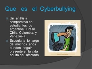 Que   es   el  CyberbullyingUn  análisis comparativo en  estudiantes  de  argentina , Brasil Chile, Colombia, y Venezuela.Escuela  a  lo  largo  de  muchos  años pueden  seguir  presente en la vida  adulta del  afectado.