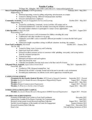 Natalia Carden
20 Singer Rd., Abingdon, MD 21009 • (443) 966-2171 • nattycarden@gmail.com
Street Team/Program Assistant, CUB Programming February 2015 – May 2015
Shippensburg, PA
 Marketed upcoming events by tabling and posting advertisements on campus
 Trained in utilizing/cleaning different food preparation machines
 Oversaw and trained new employees
Community Assistant, Center for Engagement,Service and Learning October 2014 – May 2015
Shippensburg, PA
 Assisted in coordinating community service activities off campus and on
 Performed administrative tasks that included answering the telephone and emails
 Recruited student volunteers to participate in various service opportunities
Cabin Specialist, Camp Echo Lake June 2014 – August 2014
Warrensburg, NY
 Provided and oversaw a safe environment for children attending the camp
 Collaborated with other members in my group
 Adapted to each child’s and co-counselors different personalities to ensure the kids had a great
experience
 Gained new insight on problem solving in difficult situations involving the campers
Front End Coordinator, Marshalls October 2011 – January 2016
Bel Air, MD
 Trained in Fitting room, Layaway and Cashiering
 Supervised front end cashiers
 Ensured excellent customer service to customers while upholding store policy and seeing matters
from the customers perspective
 Trained new hires
 Managed cash drawer and cash registers
 Open and closed the store
 Unloaded merchandise from the stock room to the floor and off of trucks
Lifeguard /Deck Assistant, Aqua Culture SwimSchool May 2011 – September 2011
Forest Hill, MD
 Certified in CPR, Lifeguard training/First Aid
 Monitored the activities of people around and in the pool to provide a safe environment
 Provided pool maintenance on chlorine levels and its appearance around the pool
CAMPUS INVOLVEMENT
(Nominated by the Faculty) Student Member, HCS Grade of Appeals Committee September 2015 – Present
Member,Society forHuman Resource Management Shippensburg Chapter August 2015 – Present
Member,Act V January 2013 – May 2014
Member, Human Communication Organization August 2013 – Present
Member,To Write Love On Her Arms UChapter August 2012 – May 2013
OTHER AFFILIATIONS (OFF CAMPUS)
Member,Society forHuman Resource Management (SHRM) National Organization August 2015 – Present
AWARDS AND ACHIEVEMENTS
Promoted at Marshalls from Cashier to Front End Coordinator December 2015
Inducted into Lambda Pi Eta Honors Fraternity for Communication April 2015
Research Achievement Award,Research and Data Collection August 2014 – April 2015
Starfish Award (Employee of the month) at Center for Engagement January/February 2015
Research Assistant,Data Collection August 2014 – December 2014
Dean’s List Fall and Spring Semesters of 2014
 