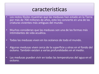 caracteristicas
• Los restos fósiles muestran que las medusas han estado en la Tierra
por más de 700 millones de años, esto los convierte en una de las
criaturas vivientes más antiguas del mundo.
• Muchos consideran que las medusas son una de las formas más
intimidantes de vida acuática.
• Todas las medusas viven en los océanos de todo el mundo.
• Algunas medusas viven cerca de la superficie y otras en el fondo del
océano. También existen a varias profundidades en el medio.
• Las medusas pueden vivir en todas las temperaturas del agua en el
océano.
 