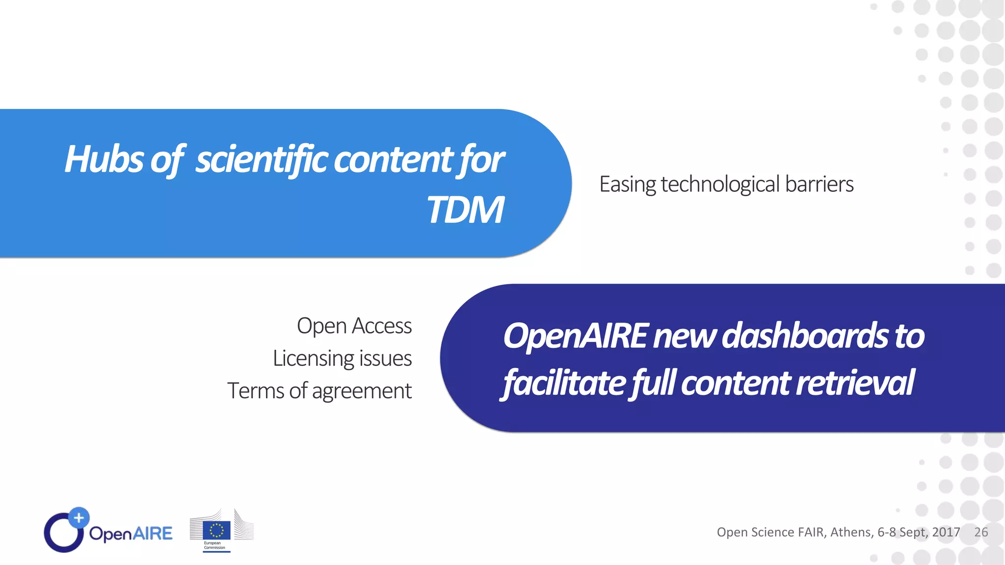 Easingtechnologicalbarriers
Hubsof scientificcontentfor
TDM
OpenAIREnewdashboardsto
facilitatefullcontentretrieval
OpenAccess
Licensingissues
Termsofagreement
Open Science FAIR, Athens, 6-8 Sept, 2017 26
 