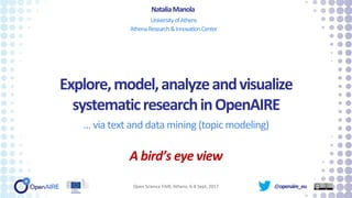 @openaire_eu
Explore,model,analyzeandvisualize
systematicresearchinOpenAIRE
… via text and data mining (topic modeling)
A bird’s eye view
NataliaManola
UniversityofAthens
AthenaResearch&InnovationCenter
Open Science FAIR, Athens, 6-8 Sept, 2017
 
