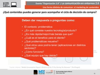 Evento “Organización 2.0” / La comunicación en entornos 2.0
Una forma distinta de comunicar: el marketing de contenidos

¿Qué contenidos puedes generar para acompañar el ciclo de decisión de compra?
Contenidos

Comunicación

Conexión

Deben dar respuesta a preguntas como:

Conversión

•
•
•
•
•
•

El contexto: problemática
¿En qué consiste nuestra tecnología/producto?
¿Es más rápida/mejor/más barata que qué?
¿Cuál es el beneficio para el cliente?
¿Qué problemáticas resuelve?
¿Qué otros usos podría tener (aplicaciones en distintos
sectores)?
• ¿Cómo funciona?
• ¿Qué equipo que hay detrás?

Fuente: Informe “Media Consumption Report: Mindset of the IT Pro During the Recesion” (TechTarget)
The Knowledge Agents Alliance

.

. .

Think Know Sell

15

 