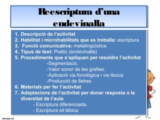 Reescriptura d’una
endevinalla
Reescriptura d’una
endevinalla
1. Descripció de l’activitat
2. Habilitat i microhabilitats que es treballa: escriptura
3. Funció comunicativa: metalingüística
4. Tipus de text: Poètic (endevinalla)
5. Procediments que s’apliquen per resoldre l’activitat
-Segmentació.
-Valor sonor de les grafies.
-Aplicació via fonològica i via lèxica
-Producció de lletres
6. Materials per fer l’activitat
7. Adaptacions de l’activitat per donar resposta a la
diversitat de l’aula
- Escriptura diferenciada.
- Escriptura sil·làbica
 