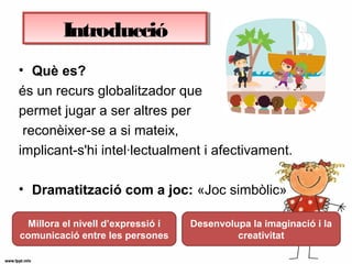 • Què es?
és un recurs globalitzador que
permet jugar a ser altres per
reconèixer-se a si mateix,
implicant-s'hi intel·lectualment i afectivament.
• Dramatització com a joc: «Joc simbòlic»
Millora el nivell d’expressió i
comunicació entre les persones
Desenvolupa la imaginació i la
creativitat
IntroduccióIntroducció
 