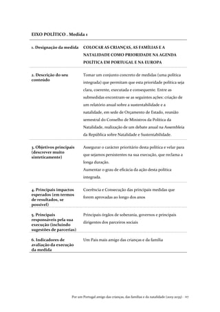 Por um Portugal amigo das crianças, das famílias e da natalidade (2015-2035) . 127
EIXO POLÍTICO . Medida 1
1. Designação da medida COLOCAR AS CRIANÇAS, AS FAMÍLIAS E A
NATALIDADE COMO PRIORIDADE NA AGENDA
POLÍTICA EM PORTUGAL E NA EUROPA
2. Descrição do seu
conteúdo
Tomar um conjunto concreto de medidas (uma política
integrada) que permitam que esta prioridade política seja
clara, coerente, executada e consequente. Entre as
submedidas encontram-se as seguintes ações: criação de
um relatório anual sobre a sustentabilidade e a
natalidade, em sede de Orçamento de Estado, reunião
semestral do Conselho de Ministros da Política da
Natalidade, realização de um debate anual na Assembleia
da República sobre Natalidade e Sustentabilidade.
3. Objetivos principais
(descrever muito
sinteticamente)
Assegurar o carácter prioritário desta política e velar para
que sejamos persistentes na sua execução, que reclama a
longa duração.
Aumentar o grau de eficácia da ação desta política
integrada.
4. Principais impactos
esperados (em termos
de resultados, se
possível)
Coerência e Consecução das principais medidas que
forem aprovadas ao longo dos anos
5. Principais
responsáveis pela sua
execução (incluindo
sugestões de parcerias)
Principais órgãos de soberania, governos e principais
dirigentes dos parceiros sociais
6. Indicadores de
avaliação da execução
da medida
Um Pais mais amigo das crianças e da família
 