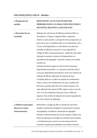Por um Portugal amigo das crianças, das famílias e da natalidade (2015-2035). 129
EIXO MAIS JUSTIÇA FISCAL . Medida 1
1. Designação da
medida
REDUÇÃO DE 1.5% NA TAXA DE IRS PARA
PRIMEIRO FILHO E 2% PARA O SEGUNDO FILHO E
SEGUINTES, RELATIVO A CADA ESCALÃO
2. Descrição do seu
conteúdo
Redução de 1,5% da taxa de IRS para primeiro filho ou
ascendente e 2% para o segundo filho e seguintes,
relativo a cada escalão e a atingir de forma progressiva no
prazo de 5 anos. A medida traduz-se na redução de 1,5% a
2% por cada dependente ou ascendente em cada taxa
incluída na tabela de taxas do nº 1 do artigo 68º do
Código do IRS. Consequentemente, tabela de taxas sobre
alteração consoante o número de dependentes ou
ascendentes do agregado. A parcela a abater por escalão
mantém-se.
Inclusão de limite (sugere-se 35% do IAS mensal por
dependente/ascendente, i.e. montante anual de 1760,72
euros por dependente/ascendente) como teto máximo de
redução de IRS por aplicação da redução de taxa.
A medida aplica-se a todos os escalões de rendimentos.
Assim, mesmo nos rendimentos em que a medida não
funcione à partida, pelo facto de resultar imposto zero
após aplicação das regras do IRS, sugere-se que a taxa de
1,5% a 2% de rendimento funcione como crédito de
imposto. Este crédito de imposto deve prever igualmente
um valor mínimo de aplicação.
3. Objetivos principais
(descrever muito
sinteticamente)
Reformular o Código do IRS no sentido de, de forma
simples e facilmente inteligível e comunicável à maioria
da população, considerar a dimensão do agregado
familiar na determinação da taxa do imposto. Aplicar um
limite de aplicação da medida aos escalões mais elevados
e, simultaneamente, prever um mecanismo justo de
incentivar aqueles que trabalham mas obtém menores
 