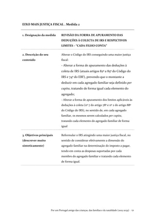 Por um Portugal amigo das crianças, das famílias e da natalidade (2015-2035) . 131
EIXO MAIS JUSTIÇA FISCAL . Medida 2
1. Designação da medida REVISÃO DA FORMA DE APURAMENTO DAS
DEDUÇÕES À COLECTA DE IRS E RESPECTIVOS
LIMITES – “CADA FILHO CONTA”
2. Descrição do seu
conteúdo
Alterar o Código do IRS conseguindo uma maior justiça
fiscal:
- Alterar a forma de apuramento das deduções à
coleta de IRS (atuais artigos 82º a 85º do Código do
IRS e 74º do EBF), prevendo que o montante a
deduzir em cada agregado familiar seja definido per
capita, tratando de forma igual cada elemento do
agregado;
- Alterar a forma de apuramento dos limites aplicáveis às
deduções à coleta (nº 7 do artigo 78º e nº 2 do artigo 88º
do Código do IRS), no sentido de, em cada agregado
familiar, os mesmos serem calculados per capita,
tratando cada elemento do agregado familiar de forma
igual
3. Objetivos principais
(descrever muito
sinteticamente)
Reformular o IRS atingindo uma maior justiça fiscal, no
sentido de considerar efetivamente a dimensão do
agregado familiar na determinação do imposto a pagar,
tendo em conta as despesas suportadas por cada
membro do agregado familiar e tratando cada elemento
de forma igual.
 