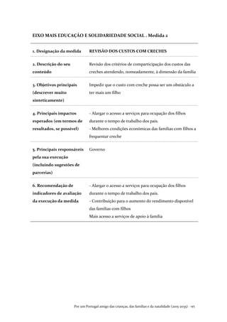 Por um Portugal amigo das crianças, das famílias e da natalidade (2015-2035) . 145
EIXO MAIS EDUCAÇÃO E SOLIDARIEDADE SOCIAL . Medida 2
1. Designação da medida REVISÃO DOS CUSTOS COM CRECHES
2. Descrição do seu
conteúdo
Revisão dos critérios de comparticipação dos custos das
creches atendendo, nomeadamente, à dimensão da família
3. Objetivos principais
(descrever muito
sinteticamente)
Impedir que o custo com creche possa ser um obstáculo a
ter mais um filho
4. Principais impactos
esperados (em termos de
resultados, se possível)
- Alargar o acesso a serviços para ocupação dos filhos
durante o tempo de trabalho dos pais.
- Melhores condições económicas das famílias com filhos a
frequentar creche
5. Principais responsáveis
pela sua execução
(incluindo sugestões de
parcerias)
Governo
6. Recomendação de
indicadores de avaliação
da execução da medida
- Alargar o acesso a serviços para ocupação dos filhos
durante o tempo de trabalho dos pais.
- Contribuição para o aumento do rendimento disponível
das famílias com filhos
Mais acesso a serviços de apoio à família
 