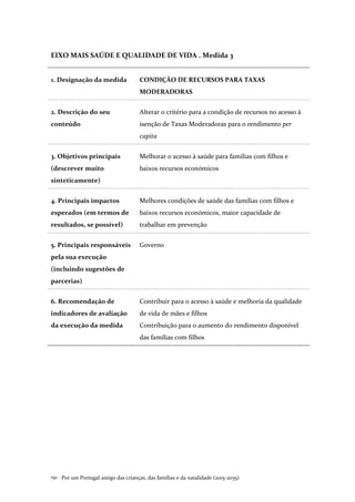 Por um Portugal amigo das crianças, das famílias e da natalidade (2015-2035)150 .
EIXO MAIS SAÚDE E QUALIDADE DE VIDA . Medida 3
1. Designação da medida CONDIÇÃO DE RECURSOS PARA TAXAS
MODERADORAS
2. Descrição do seu
conteúdo
Alterar o critério para a condição de recursos no acesso à
isenção de Taxas Moderadoras para o rendimento per
capita
3. Objetivos principais
(descrever muito
sinteticamente)
Melhorar o acesso à saúde para famílias com filhos e
baixos recursos económicos
4. Principais impactos
esperados (em termos de
resultados, se possível)
Melhores condições de saúde das famílias com filhos e
baixos recursos económicos, maior capacidade de
trabalhar em prevenção
5. Principais responsáveis
pela sua execução
(incluindo sugestões de
parcerias)
Governo
6. Recomendação de
indicadores de avaliação
da execução da medida
Contribuir para o acesso à saúde e melhoria da qualidade
de vida de mães e filhos
Contribuição para o aumento do rendimento disponível
das famílias com filhos
 