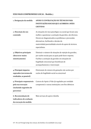 Por um Portugal amigo das crianças, das famílias e da natalidade (2015-2035)158 .
EIXO MAIS COMPROMISSO LOCAL . Medida 7
1. Designação da medida APOIO À CONTRATAÇÃO DE TÉCNICOS PARA
INSTITUIÇÕES SOCIAIS QUE ACORREM A MÃES
GRÁVIDAS
2. Descrição do seu
conteúdo
As situações de risco psicológico ou social que levam uma
mulher a questionar a aceitação da gravidez, são diversos.
Devem ser diagnosticados os problemas e procuradas
alternativas, facilitando a decisão da
maternidade/parentalidade através do apoio de técnicos
especialistas.
3. Objetivos principais
(descrever muito
sinteticamente)
Diminuir o número de situações de rejeição da gravidez,
por razões sociais para as quais pode haver resposta.
Facilitar a aceitação da gravidez em situações de
fragilidade emocional que beneficiam de
acompanhamento e intervenção
4. Principais impactos
esperados (em termos de
resultados, se possível)
Diminuição do número de gestações não aceites por
razões de fragilidade social ou emocional
5. Principais responsáveis
pela sua execução
(incluindo sugestões de
parcerias)
Centros de Apoio à Vida (já regulados por entidade
competente) e outras instituições com fins idênticos
6. Recomendação de
indicadores de avaliação
da execução da medida
Mais serviços de apoio à família
 