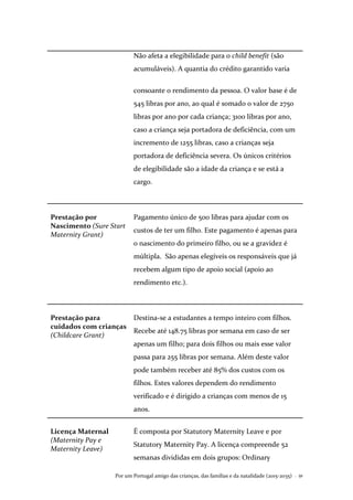 Por um Portugal amigo das crianças, das famílias e da natalidade (2015-2035) . 91
Não afeta a elegibilidade para o child benefit (são
acumuláveis). A quantia do crédito garantido varia
consoante o rendimento da pessoa. O valor base é de
545 libras por ano, ao qual é somado o valor de 2750
libras por ano por cada criança; 3100 libras por ano,
caso a criança seja portadora de deficiência, com um
incremento de 1255 libras, caso a crianças seja
portadora de deficiência severa. Os únicos critérios
de elegibilidade são a idade da criança e se está a
cargo.
Prestação por
Nascimento (Sure Start
Maternity Grant)
Pagamento único de 500 libras para ajudar com os
custos de ter um filho. Este pagamento é apenas para
o nascimento do primeiro filho, ou se a gravidez é
múltipla. São apenas elegíveis os responsáveis que já
recebem algum tipo de apoio social (apoio ao
rendimento etc.).
Prestação para
cuidados com crianças
(Childcare Grant)
Destina-se a estudantes a tempo inteiro com filhos.
Recebe até 148.75 libras por semana em caso de ser
apenas um filho; para dois filhos ou mais esse valor
passa para 255 libras por semana. Além deste valor
pode também receber até 85% dos custos com os
filhos. Estes valores dependem do rendimento
verificado e é dirigido a crianças com menos de 15
anos.
Licença Maternal
(Maternity Pay e
Maternity Leave)
É composta por Statutory Maternity Leave e por
Statutory Maternity Pay. A licença compreende 52
semanas divididas em dois grupos: Ordinary
 