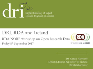 ____________________
Dr. Natalie Harrower
Director, Digital Repository of Ireland
@natalieharrower
DRI, RDA and Ireland
RDA-NORF workshop on Open Research Data
Friday 8th September 2017
 