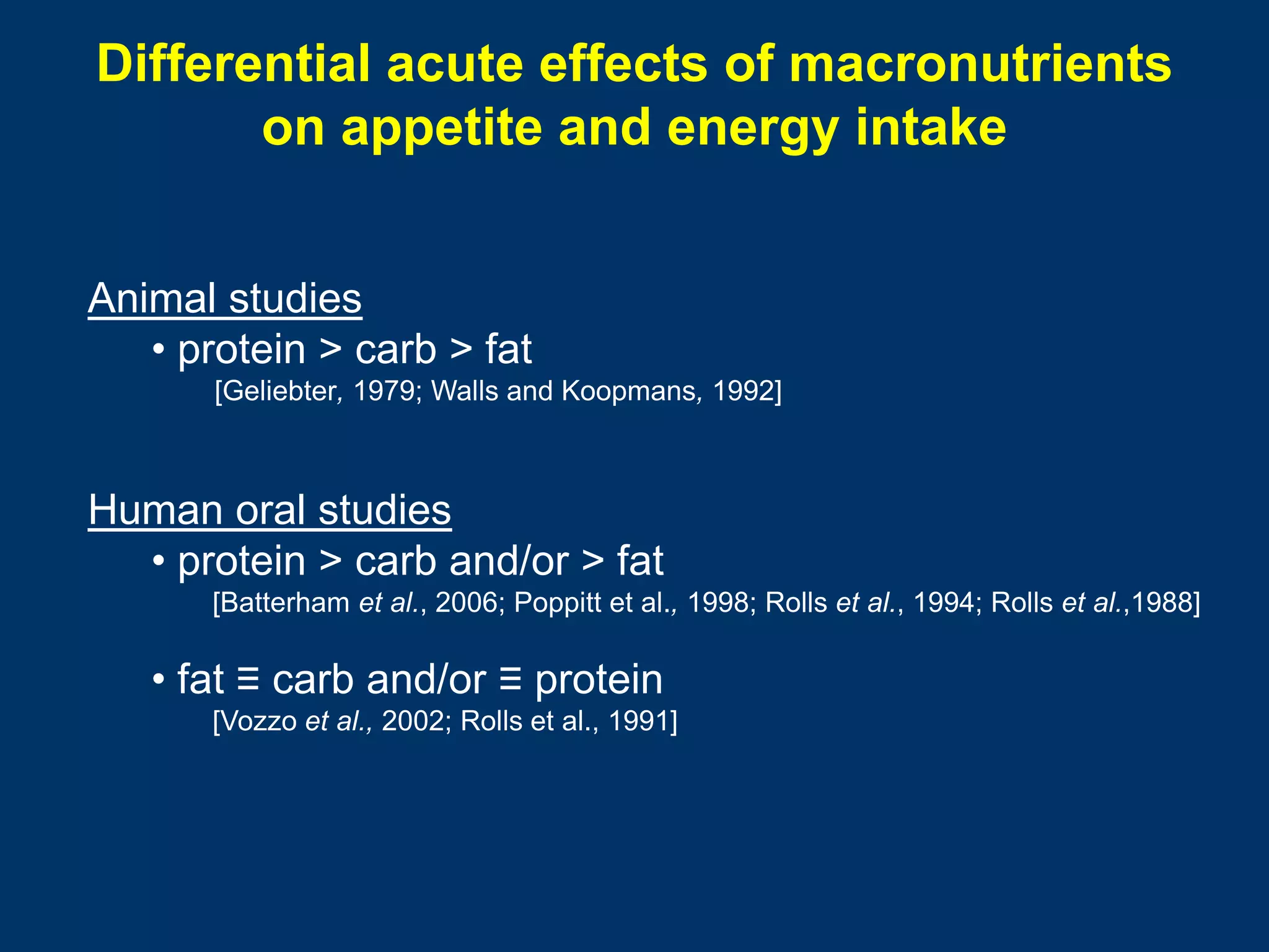 Differential acute effects of macronutrients
       on appetite and energy intake


Animal studies
   • protein > carb > fat
       [Geliebter, 1979; Walls and Koopmans, 1992]



Human oral studies
  • protein > carb and/or > fat
       [Batterham et al., 2006; Poppitt et al., 1998; Rolls et al., 1994; Rolls et al.,1988]

   • fat ≡ carb and/or ≡ protein
       [Vozzo et al., 2002; Rolls et al., 1991]
 
