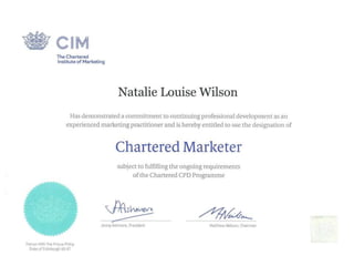 Natalie Burtonwood-Wilson Chartered Marketer certificate