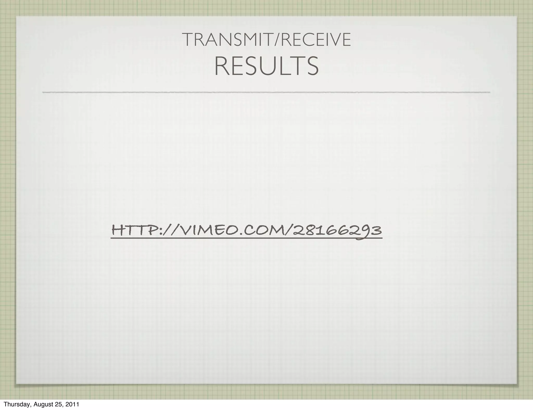 TRANSMIT/RECEIVE
                                     RESULTS




                            HTTP://VIMEO.COM/28166293




Thursday, August 25, 2011
 