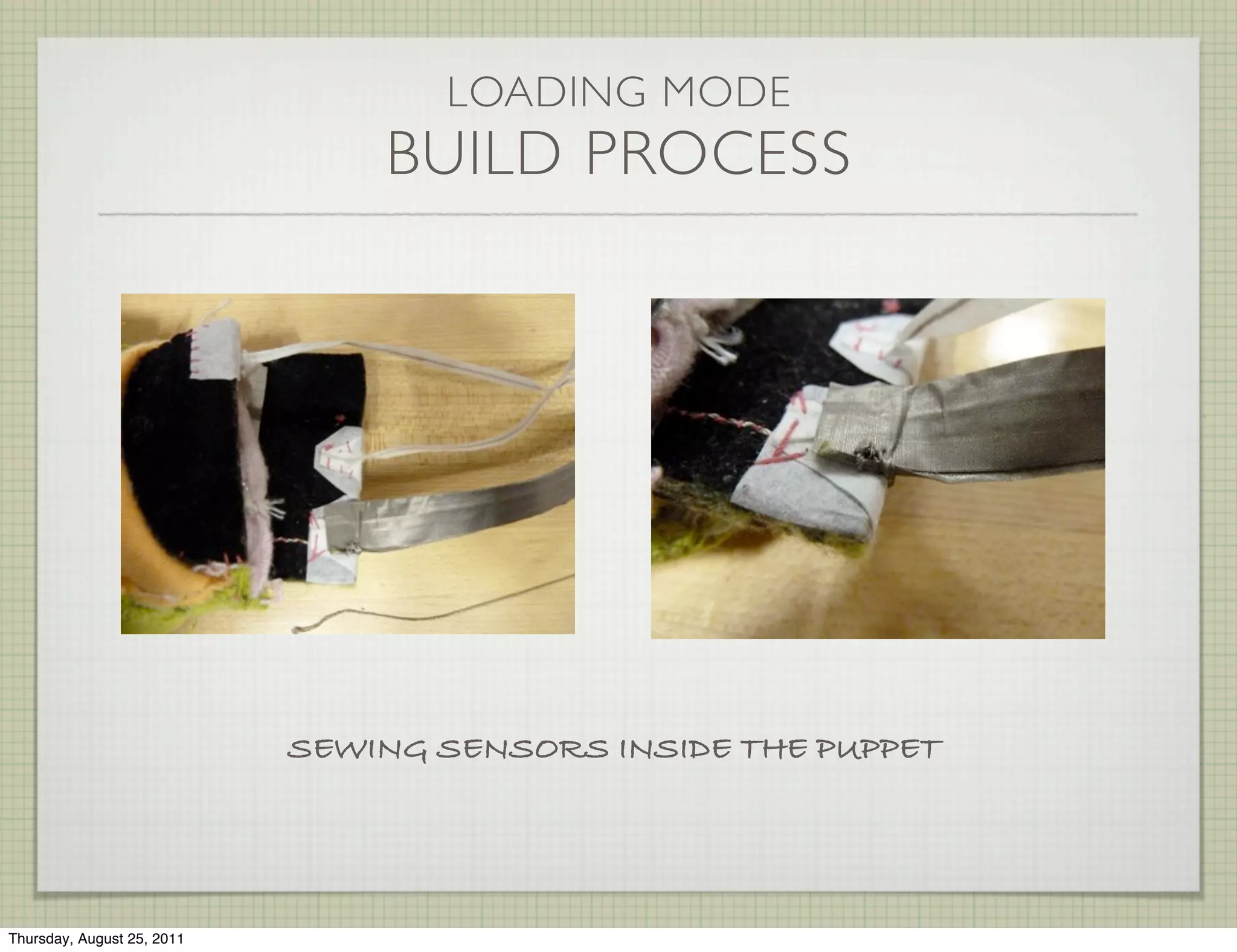 LOADING MODE
                                BUILD PROCESS




                            SEWING SENSORS INSIDE THE PUPPET




Thursday, August 25, 2011
 