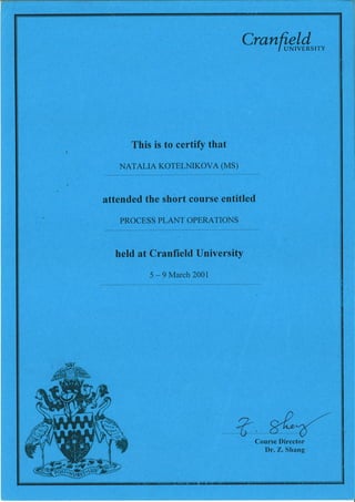 Natalie Lewes Short Course Process Plant Operations Cranfield University 2001