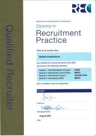 Natalie Lewes Diploma in Recruitment Practice Recruitment and Employment Confederation UK 2007