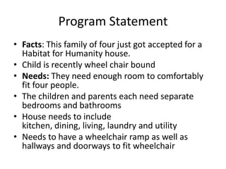 Program Statement
• Facts: This family of four just got accepted for a
  Habitat for Humanity house.
• Child is recently wheel chair bound
• Needs: They need enough room to comfortably
  fit four people.
• The children and parents each need separate
  bedrooms and bathrooms
• House needs to include
  kitchen, dining, living, laundry and utility
• Needs to have a wheelchair ramp as well as
  hallways and doorways to fit wheelchair
 