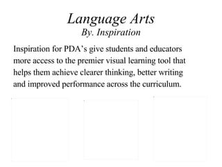 Language Arts By. Inspiration Inspiration for PDA’s give students and educators more access to the premier visual learning tool that helps them achieve clearer thinking, better writing and improved performance across the curriculum.  