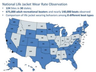 National Life Jacket Wear Rate Observation
• 124 Sites in 30 states;
• 675,000 adult recreational boaters and nearly 140,0...