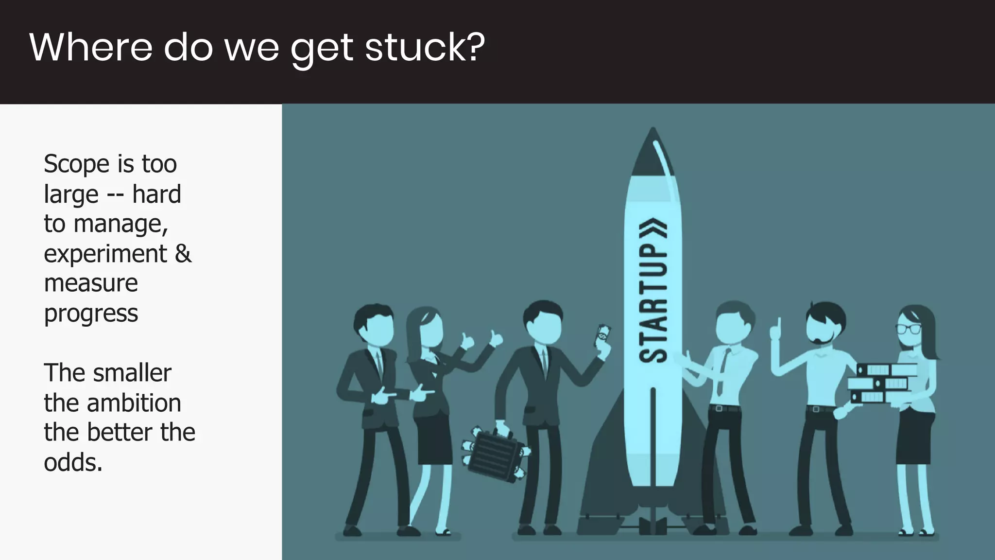 @womeninagileorg
@nataliewarnert
Scope is too
large -- hard
to manage,
experiment &
measure
progress
The smaller
the ambition
the better the
odds.
”Just do it” mentality
Scope = too big. Lean startup and MVP = corrupt
term
Where do we get stuck?
 