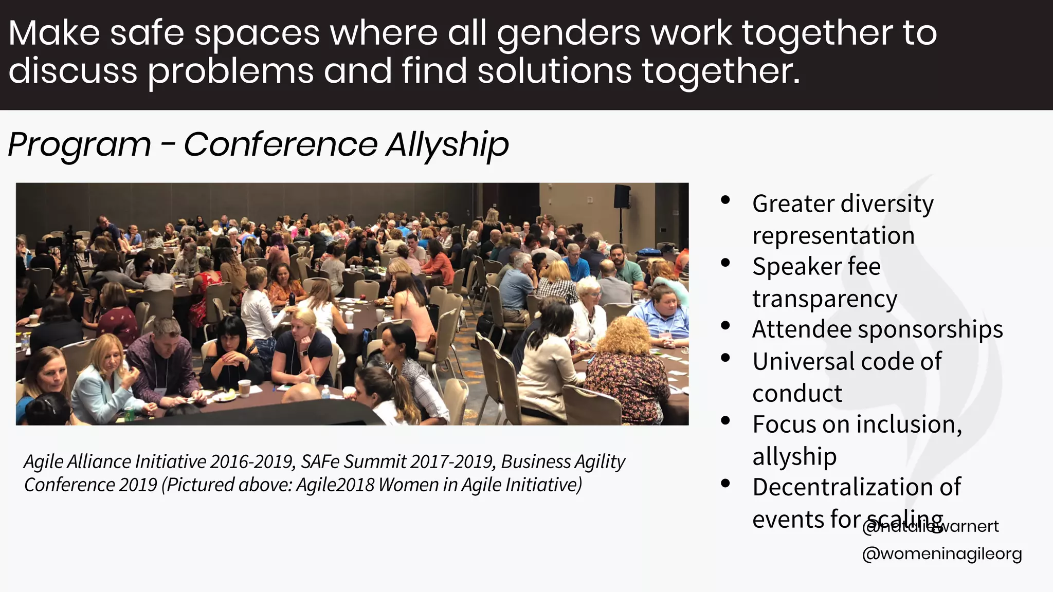 @womeninagileorg
@nataliewarnert
Make safe spaces where all genders work together to
discuss problems and find solutions together.
Program - Conference Allyship
Agile Alliance Initiative 2016-2019, SAFe Summit 2017-2019, Business Agility
Conference 2019 (Pictured above: Agile2018 Women in Agile Initiative)
• Greater diversity
representation
• Speaker fee
transparency
• Attendee sponsorships
• Universal code of
conduct
• Focus on inclusion,
allyship
• Decentralization of
events for scaling
 