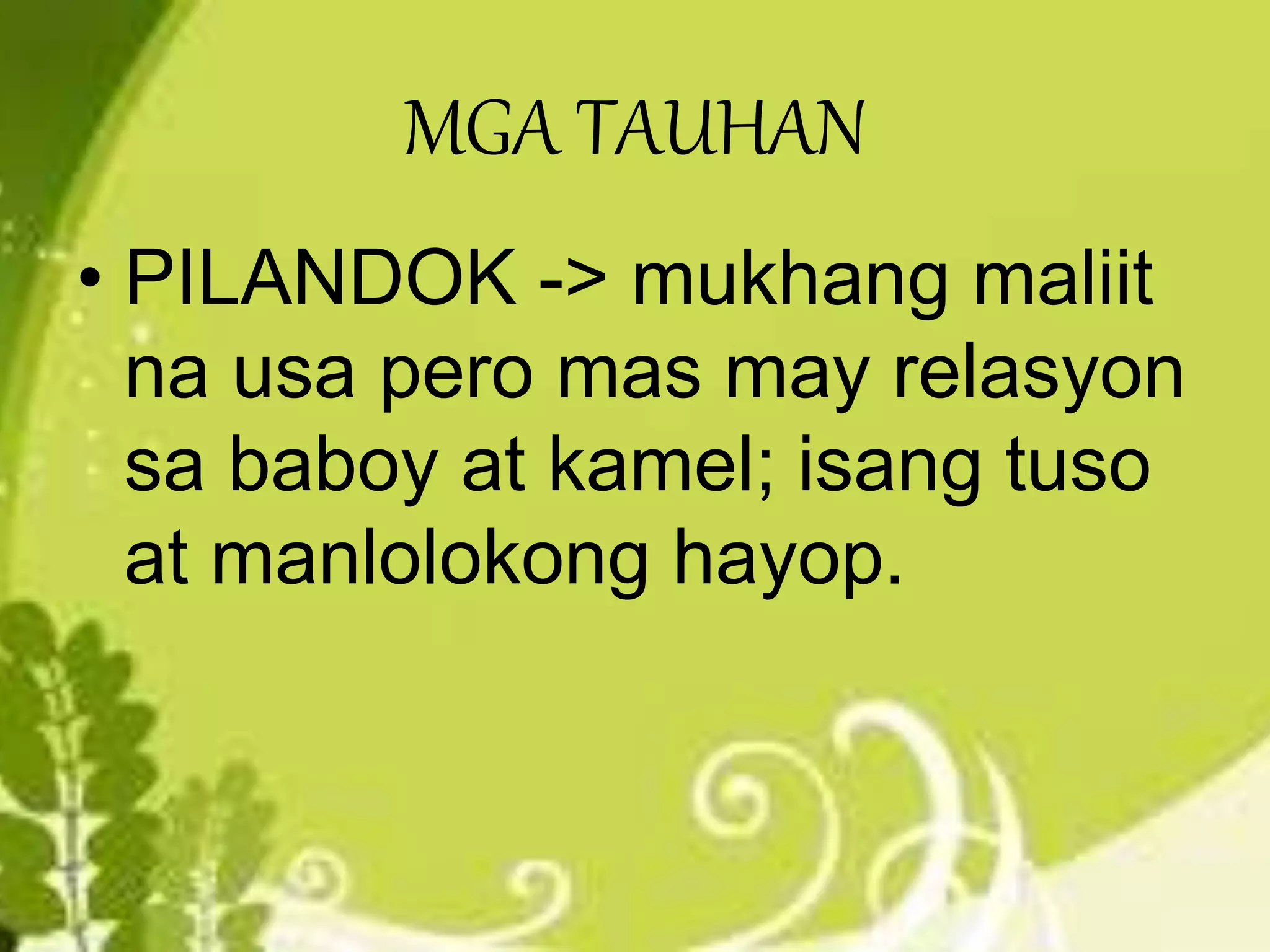 MGA TAUHAN
• PILANDOK -> mukhang maliit
na usa pero mas may relasyon
sa baboy at kamel; isang tuso
at manlolokong hayop.