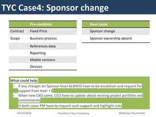 TYCTYC Case4: Sponsor change
Transform Your Company10/13/2018 @Natalya Naumenko
Pre-condition
Contract Fixed Price
Scope Business process
References data
Reporting
Mobile versions
Devices
Root cause
Sponsor change
Sponsor ownership absent
What could help:
- If any changes on Sponsor level ALWAYS have to be escalation and request for
support from level +1
- When new CXO come, CEO have to update about existing project portfolio and
commitments
In both cases PM have to request such support and highlight risks
 