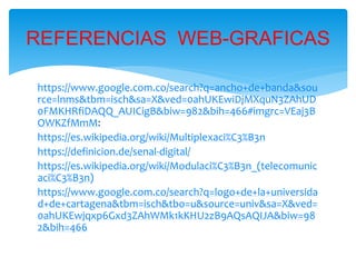 https://www.google.com.co/search?q=ancho+de+banda&sou
rce=lnms&tbm=isch&sa=X&ved=0ahUKEwiDjMXquN3ZAhUD
0FMKHRfiDAQQ_AUICigB&biw=982&bih=466#imgrc=VEaj3B
OWKZfMmM:
https://es.wikipedia.org/wiki/Multiplexaci%C3%B3n
https://definicion.de/senal-digital/
https://es.wikipedia.org/wiki/Modulaci%C3%B3n_(telecomunic
aci%C3%B3n)
https://www.google.com.co/search?q=logo+de+la+universida
d+de+cartagena&tbm=isch&tbo=u&source=univ&sa=X&ved=
0ahUKEwjqxp6Gxd3ZAhWMk1kKHU2zB9AQsAQIJA&biw=98
2&bih=466
REFERENCIAS WEB-GRAFICAS
 
