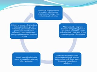 entonces se procuran nuevas
                                       creencias y prácticas, que
                                     formarán con el tiempo otras
                                       costumbres y tradiciones.




Quienes se oponen a dejar atrás su
    cultura, consideran que las                                        Al parecer, entre los grupos
 costumbres y tradiciones no son                                     humanos siempre hay personas
     prácticas sin sentido, sino                                     que apoyan los cambios y otras
  respuestas y soluciones que les                                   que se resisten a ellos; esto ha sido
han ayudado a enfrentar el mundo                                    causa de disgustos y desacuerdos.
              y la vida.




                                                             Para conocernos mejor como
      Ante la incertidumbre de lo                          personas y como grupo humano,
    nuevo, lo conocido representa y                        es importante reflexionar acerca
           ofrece seguridad.                                   de nuestras costumbres y
                                                                     tradiciones,
 
