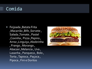 Comida
 Feijoada ,Batata Frita
,Macarrão ,Bife ,Sorvete ,
Salada ,Tomate , Pastel
,Coxinha , Pizza ,Pepino ,
Arroz ,Linguiça ,Abobrinha
, Frango , Morango ,
Abacaxi ,Melancia , Uva ,
Lasanha , Panqueca , Bolo ,
Torta ,Tapioca , Paçoca ,
Pipoca , Fini e Doritos
 