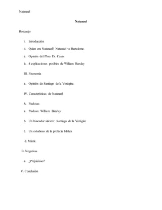 Natanael
Natanael
Bosquejo
I. Introducción
II. Quien era Natanael? Natanael vs Bartolome.
a. Opinión del Pbro. Dr. Casas
b. 4 explicaciones posibles de William Barclay
III. Fisonomía
a. Opinión de Santiago de la Vorágine.
IV. Características de Natanael
A. Piadosas
a. Piadoso: William Barclay
b. Un buscador sincero: Santiago de la Vorágine
c. Un estudioso de la profecía bíblica
d. Mártir.
B. Negativas
a. ¿Prejuicioso?
V. Conclusión
 