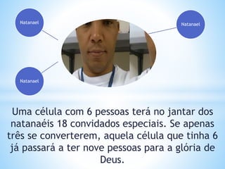 Uma célula com 6 pessoas terá no jantar dos
natanaéis 18 convidados especiais. Se apenas
três se converterem, aquela célula que tinha 6
já passará a ter nove pessoas para a glória de
Deus.
NatanaelNatanael
Natanael
 
