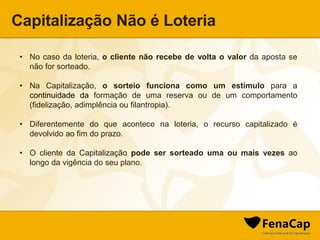 Capitalização Não é Loteria
• No caso da loteria, o cliente não recebe de volta o valor da aposta se
não for sorteado.
• Na Capitalização, o sorteio funciona como um estímulo para a
continuidade da formação de uma reserva ou de um comportamento
(fidelização, adimplência ou filantropia).
• Diferentemente do que acontece na loteria, o recurso capitalizado é
devolvido ao fim do prazo.
• O cliente da Capitalização pode ser sorteado uma ou mais vezes ao
longo da vigência do seu plano.
 