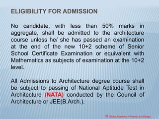 COUNCIL OF ARCHITECTURE
The Council of Architecture (COA) has been
constituted by the Government of India under the
provisions of the Architects Act, 1972, enacted by
the Parliament of India, which came into force on
1st September, 1972.
The Council of Architecture is charged with the
responsibility to regulate the education and practice
of profession throughout India besides maintaining
the register of architects.
© Global Academy of Vaastu and Design
 