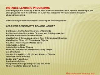 DISTANCE LEARNING PROGRAMME
We have prepared the study material after extensive research and is updated according to the
changing patterns of the entrance tests, for those students who cannot attend regular
classroom coaching.
We will send you seven handbooks covering the following topics :
AESTHETIC SENSITIVITY& DRAWING ABILITY
Buildings of Architectural Importance Worldwide
Architectural Graphic symbols, Textures and Building materials
Renowned Architects and Personalities
Visualization: 3 Dimensional objects from 2 Dimensional Drawings
Visualization: Sides of 3 Dimensional Objects
Analytical Reasoning and Mental ability
Introduction to Lines
Introduction to Basic Shapes
Skills on 2 dimensional composition using shapes
Use of textures
Introduction to effects of Light and Shade on Objects
Techniques on Rendering
Scales and Proportions
Application of Colors
Perspective drawings (One point and Two Point)
Memory sketches based on themes
© Global Academy of Vaastu and Design
 