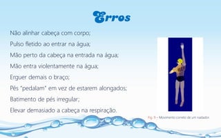 Erros
Não alinhar cabeça com corpo;
Pulso fletido ao entrar na água;
Mão perto da cabeça na entrada na água;
Mão entra violentamente na água;
Erguer demais o braço;
Pés “pedalam” em vez de estarem alongados;
Batimento de pés irregular;
Elevar demasiado a cabeça na respiração.
Fig. 9 – Movimento correto de um nadador.
 