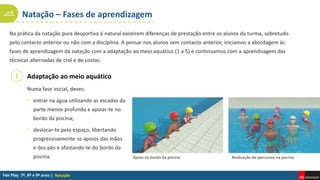 Natação – Fases de aprendizagem
Natação
Na prática da natação pura desportiva é natural existirem diferenças de prestação entre os alunos da turma, sobretudo
pelo contacto anterior ou não com a disciplina. A pensar nos alunos sem contacto anterior, iniciamos a abordagem às
fases de aprendizagem da natação com a adaptação ao meio aquático (1 a 5) e continuamos com a aprendizagem das
técnicas alternadas de crol e de costas.
Adaptação ao meio aquático
Numa fase inicial, deves:
• entrar na água utilizando as escadas da
parte menos profunda e apoiar-te no
bordo da piscina;
• deslocar-te pelo espaço, libertando
progressivamente os apoios das mãos
e dos pés e afastando-te do bordo da
piscina.
1
Apoio no bordo da piscina. Realização de percursos na piscina.
 